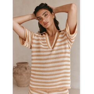 Sabo Khaki White Stripe Josie Textured Knit V Neck Top XS Resort Boho Neutral‎